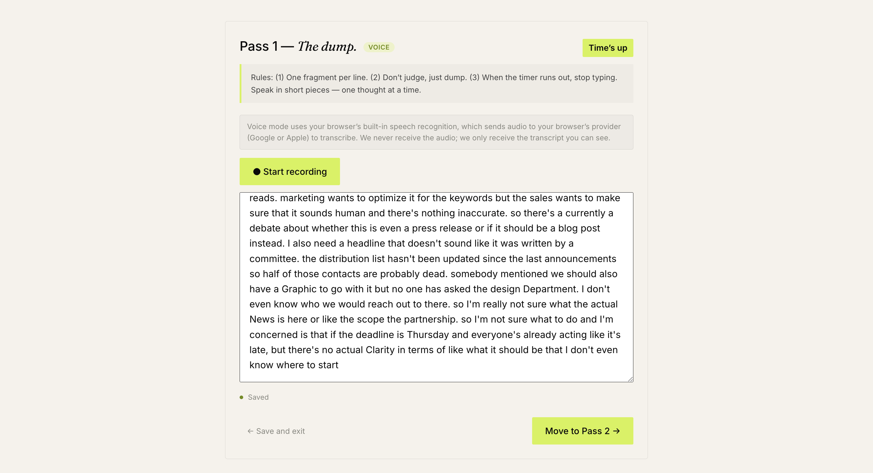 The Digital Brain Dump in voice mode, Pass 1: a running timer and the spoken dump appearing as separate lines in the transcript field, one thought per line.