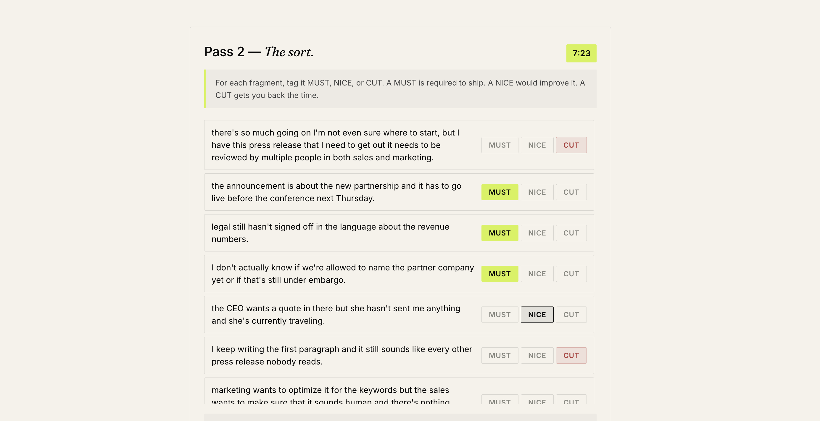 The Digital Brain Dump, Pass 2 &mdash; the sort: each dumped thought is now a separate row tagged MUST, NICE, or CUT, so the writer can see what is required to ship.